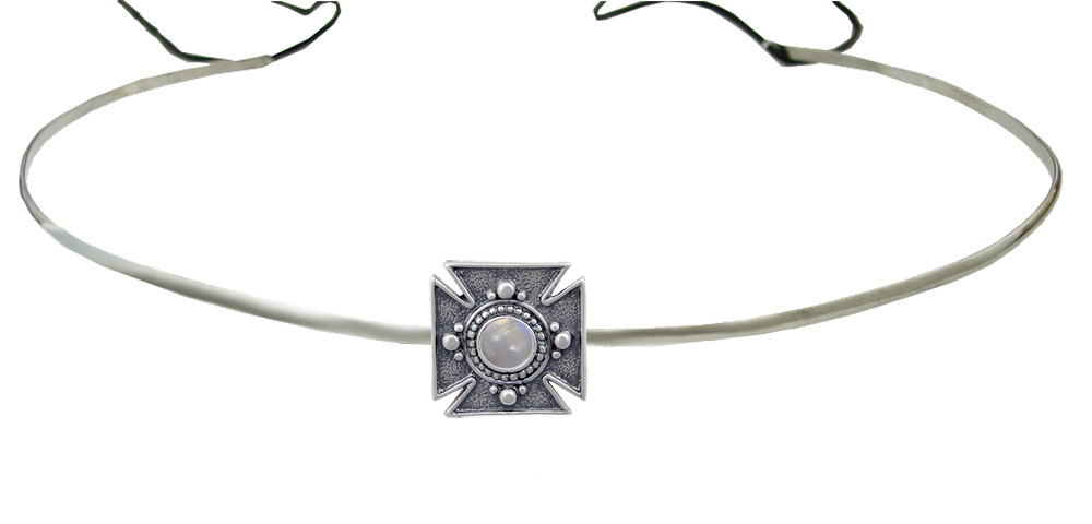 Sterling Silver Renaissance Style Medieval Cross Headpiece Circlet Tiara With Rainbow Moonstone